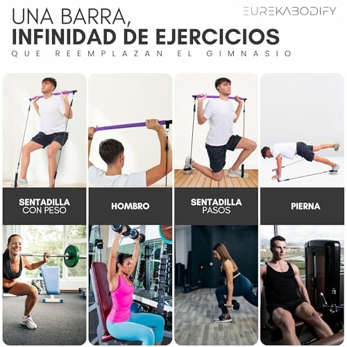 Personas realizando ejercicios con barra en casa