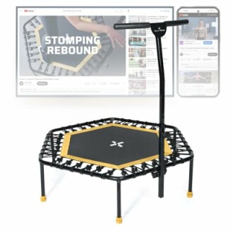 Trampolín de ejercicio con manillar y vídeos de entrenamiento.