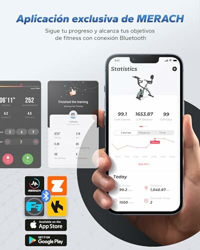 Aplicación de fitness con conexión Bluetooth y estadísticas en pantalla.