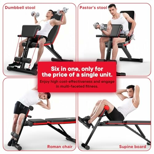 Hombre usando banco de ejercicio multifuncional en diferentes posiciones.