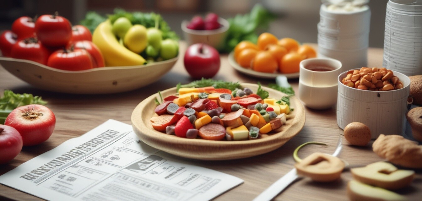 Gráfico de información nutricional sobre una mesa con alimentos saludables