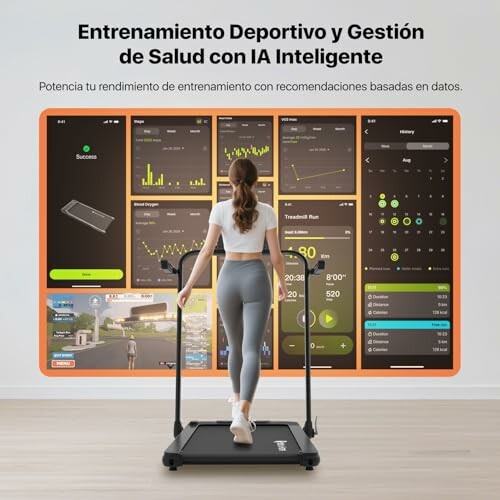 Mujer usando caminadora frente a pantalla con gráficos de entrenamiento