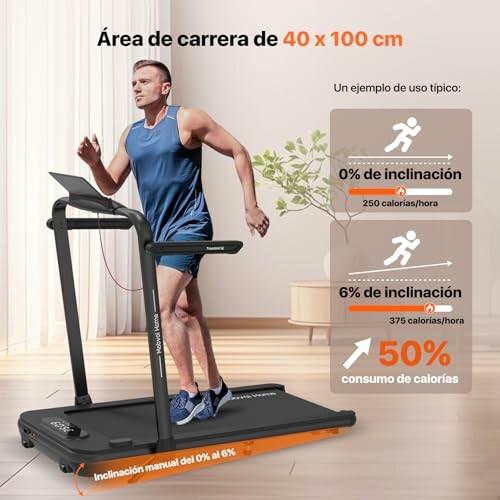 Hombre corriendo en una cinta con información sobre inclinación.