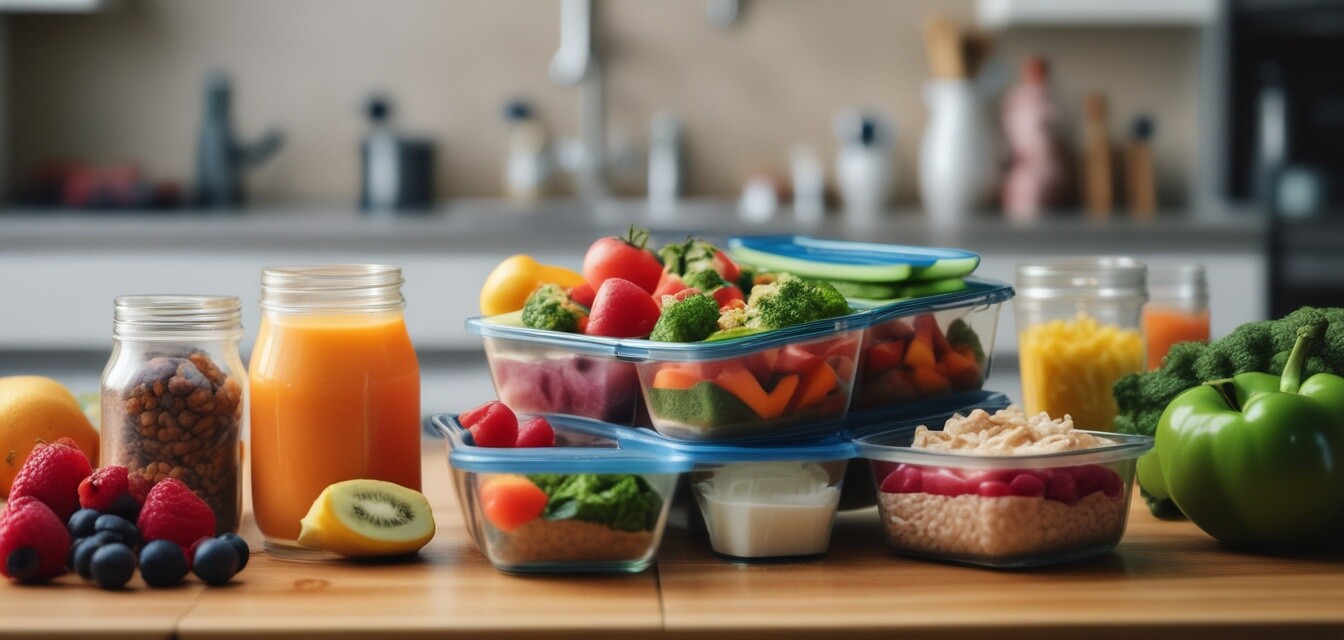 Preparación de comidas saludables con equipo de entrenamiento en el fondo